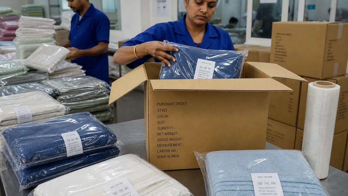 Cotton home textiles sealed in polybags and packed into corrugated export cartons with care labels