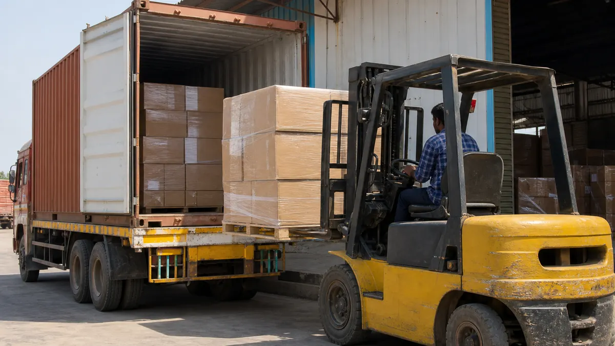 Forklift loading palletised cotton home textile cartons onto a truck for inland haulage to an Indian export port