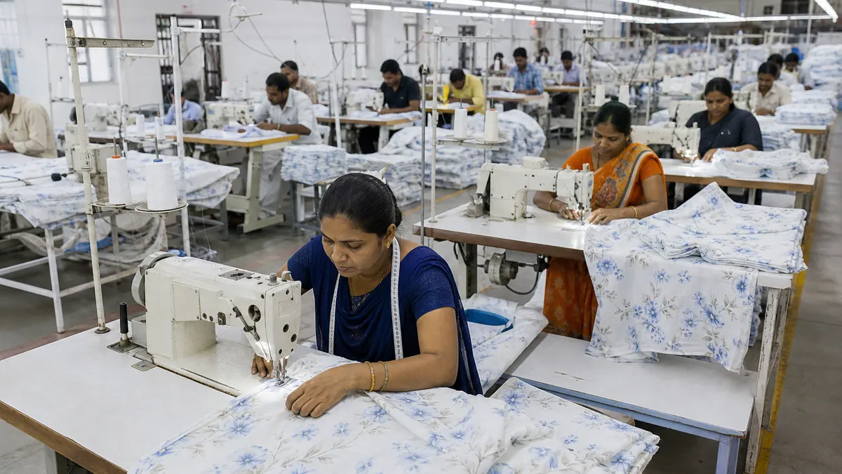 Cotton home textile made-ups sewing line in an Indian mill cutting and stitching bed linen for export