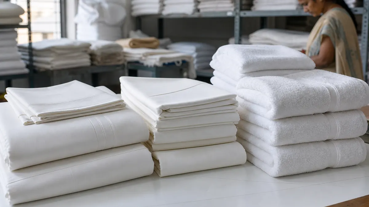 Close-up of Indian cotton home textiles — folded bed sheets, pillowcases, and terry bath towels staged for export sampling