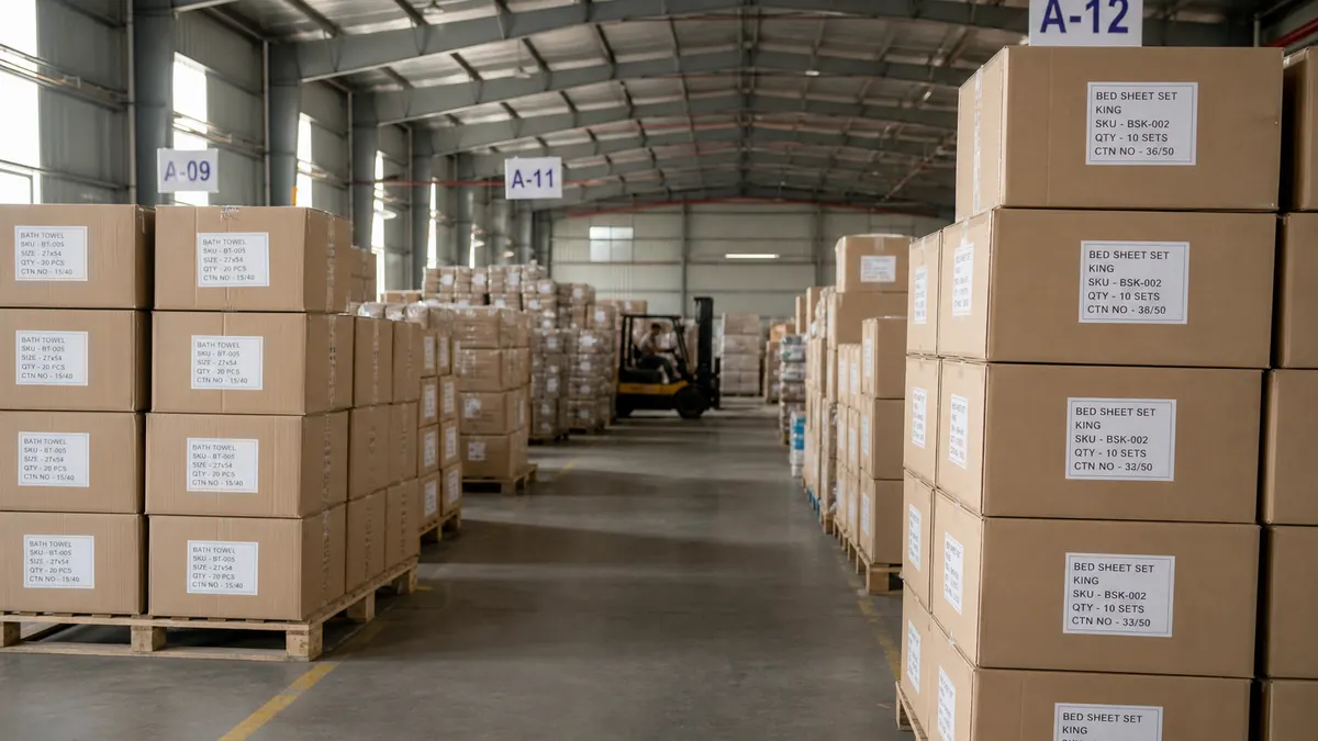 SKU-staged palletised cartons of cotton home textiles in an Indian export warehouse aisle