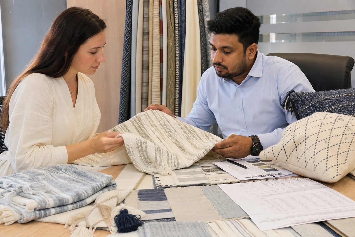 International buyer and Indian merchant exporter reviewing cotton throw swatches cushion covers size charts and colour chips in a sourcing meeting