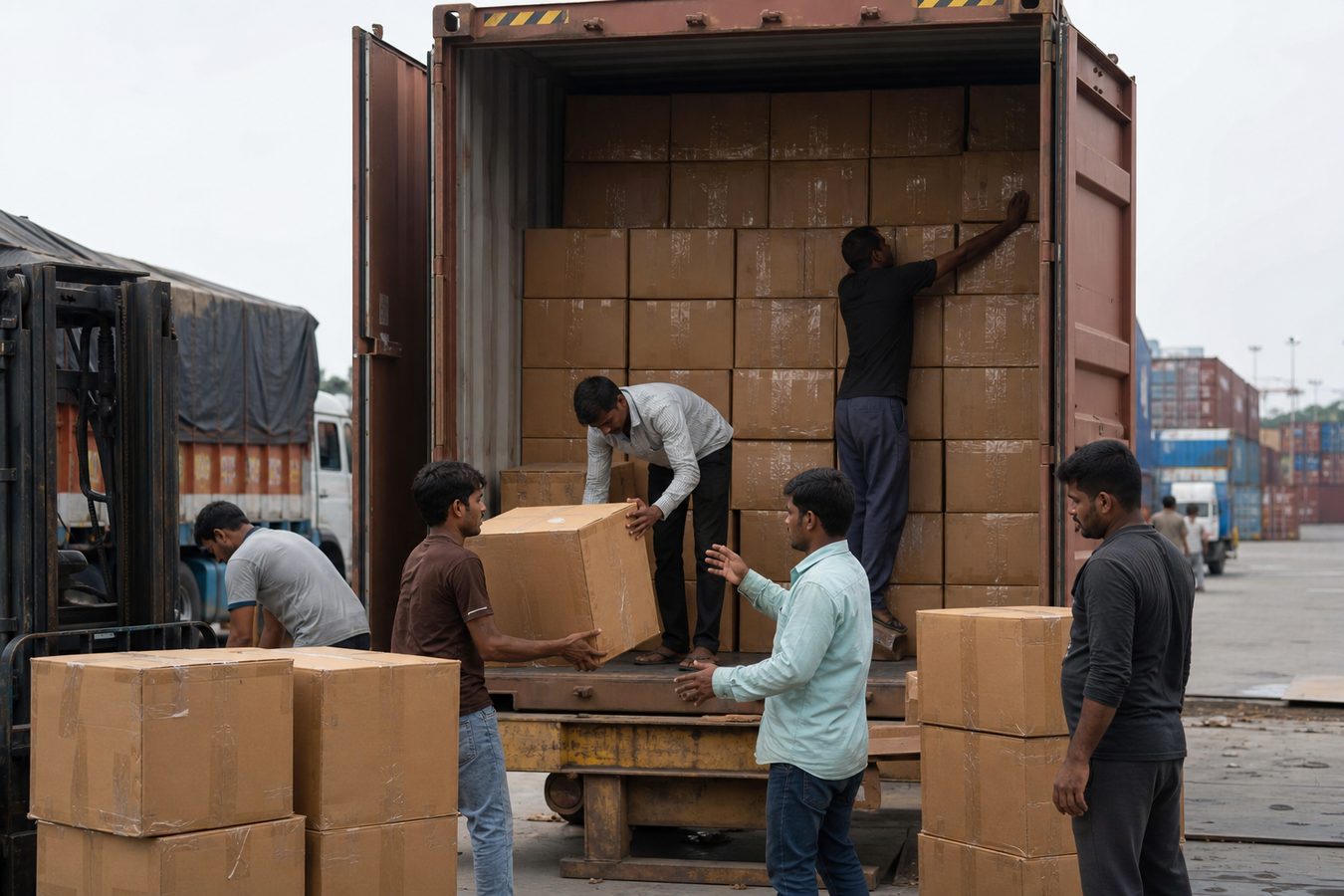 Workers stuffing dense cartons of cotton throws and cushion covers into an open ocean shipping container for FCL soft-furnishings export