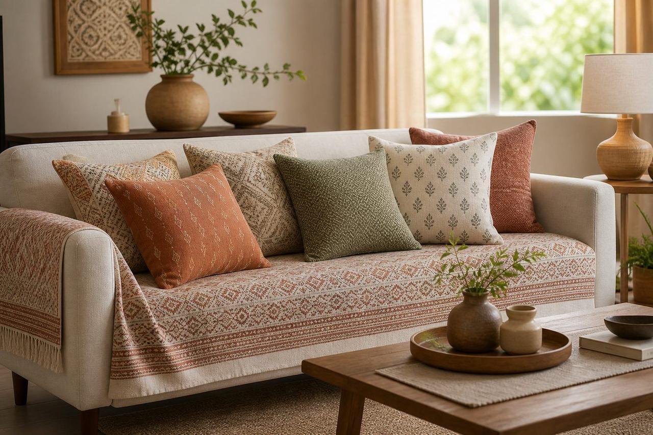 Living room sofa styled with Indian cotton Jacquard throw and coordinated decorative cushion covers in terracotta olive and botanical colourways