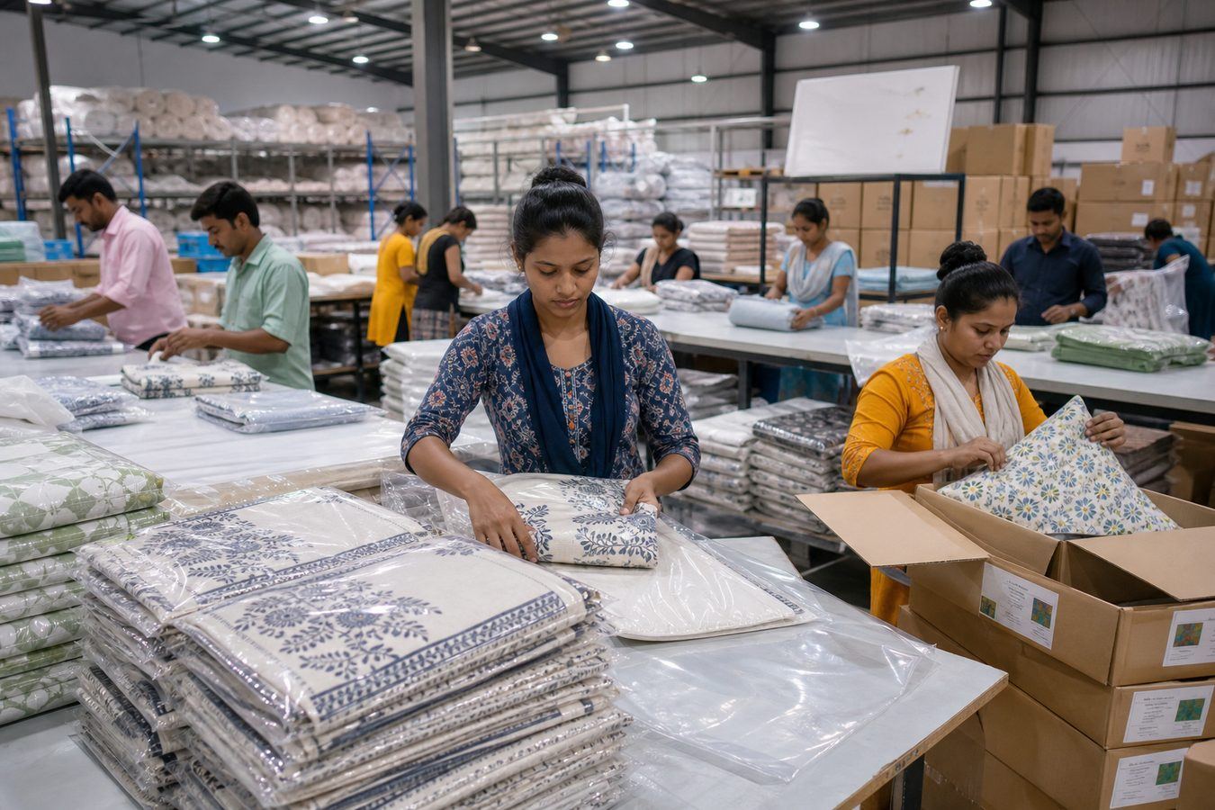 Workers folding floral cotton throws into polybags and packing cushion covers into labelled corrugated export cartons in an Indian packing hall