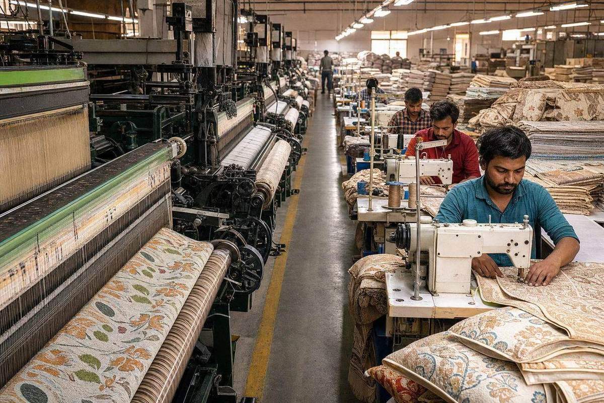 Panipat textile factory with industrial Jacquard looms weaving patterned cotton throw fabric beside workers stitching zipper cushion covers on sewing lines