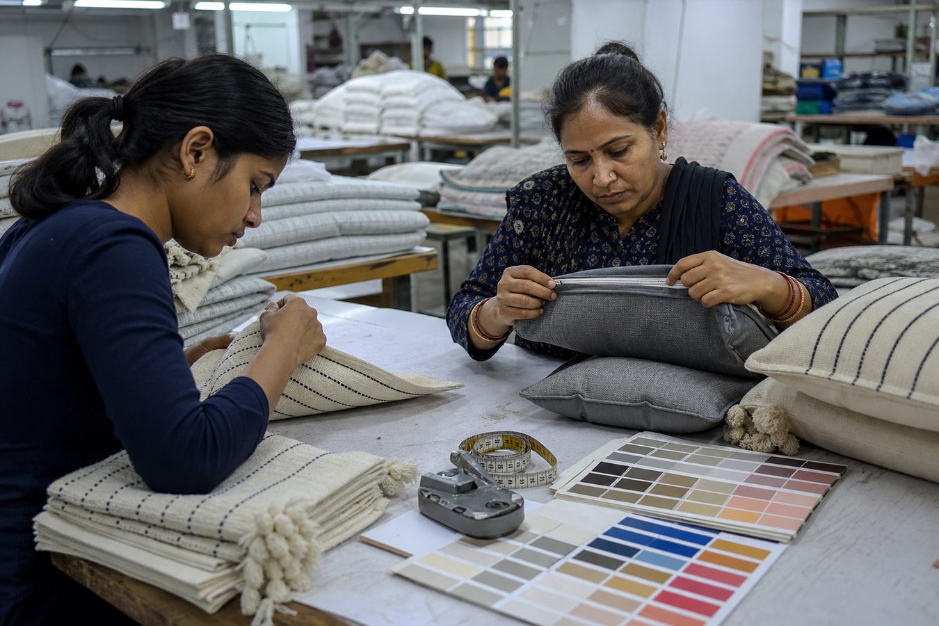Two QC inspectors checking striped cotton throws with tassels and zipper cushion covers using measuring tape and colour shade cards