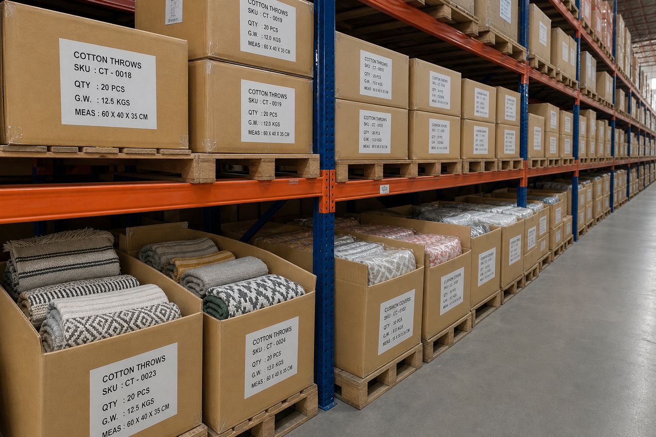 Soft furnishings warehouse aisle with palletized labelled cartons of cotton throws and cushion covers staged for Mundra or Nhava Sheva dispatch