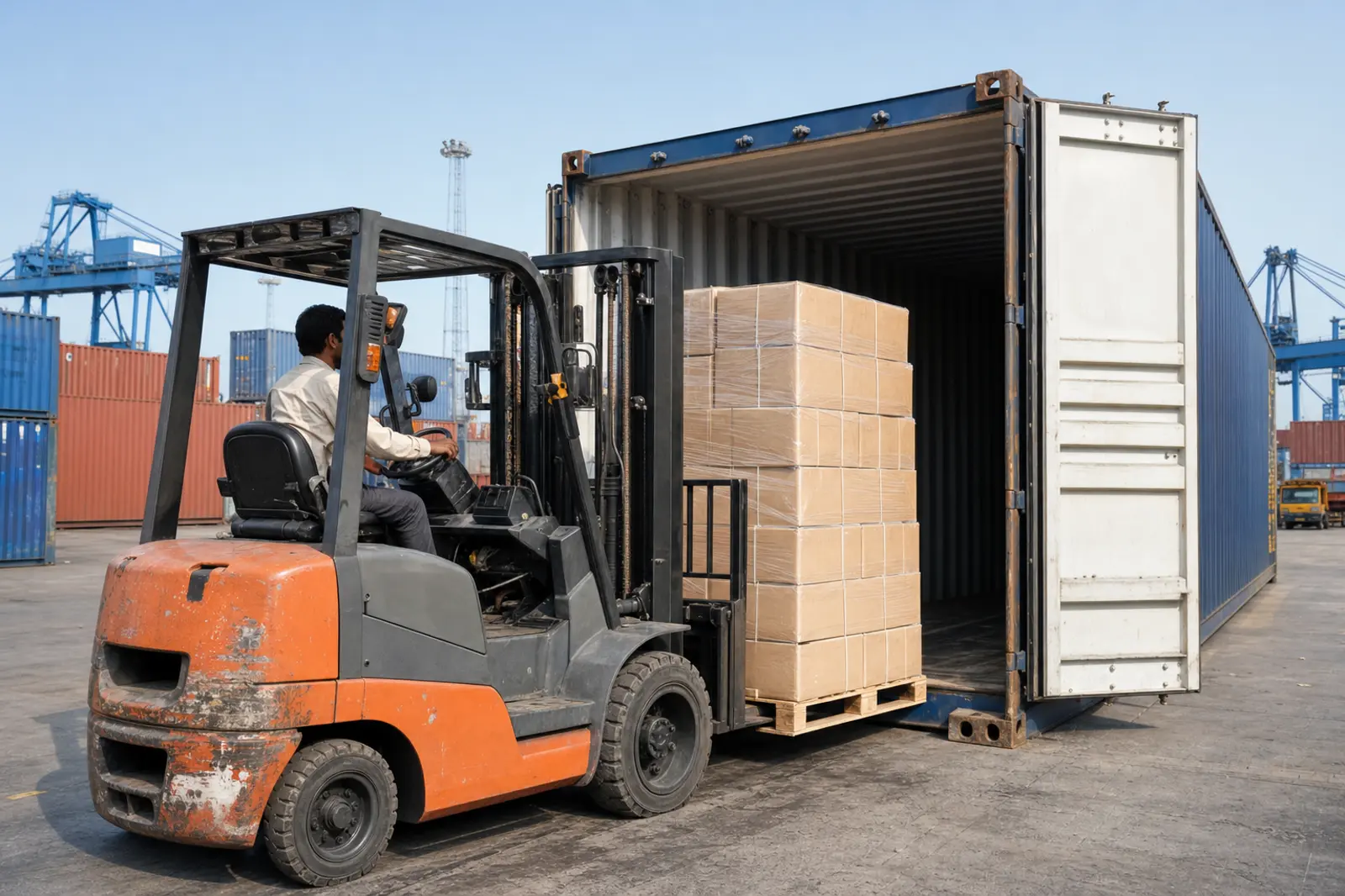 Forklift stuffing palletized cartons of Indian cricket balls into a shipping container for FCL export