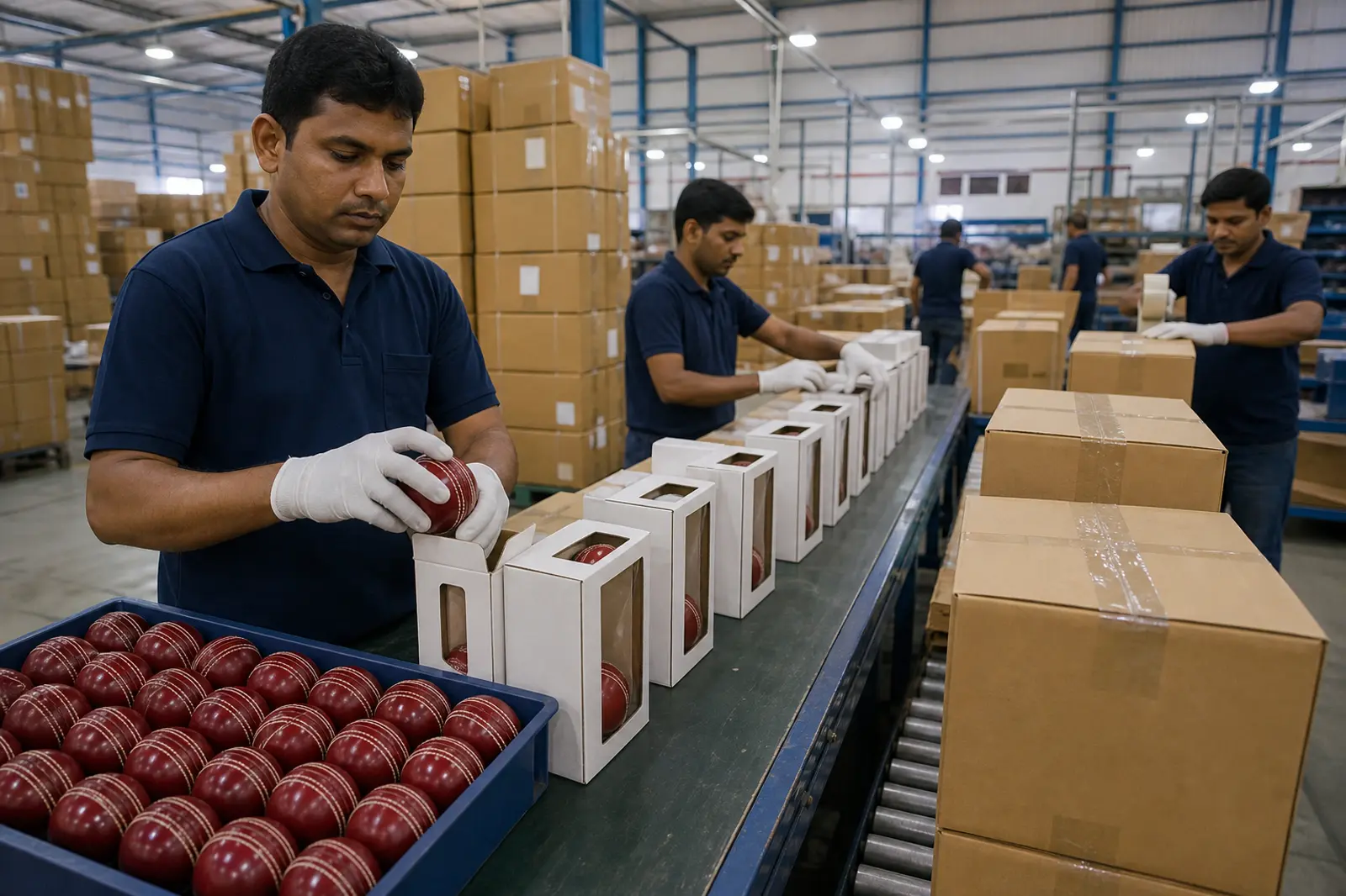 Workers packing Indian cricket balls into individual boxes and corrugated master cartons for export