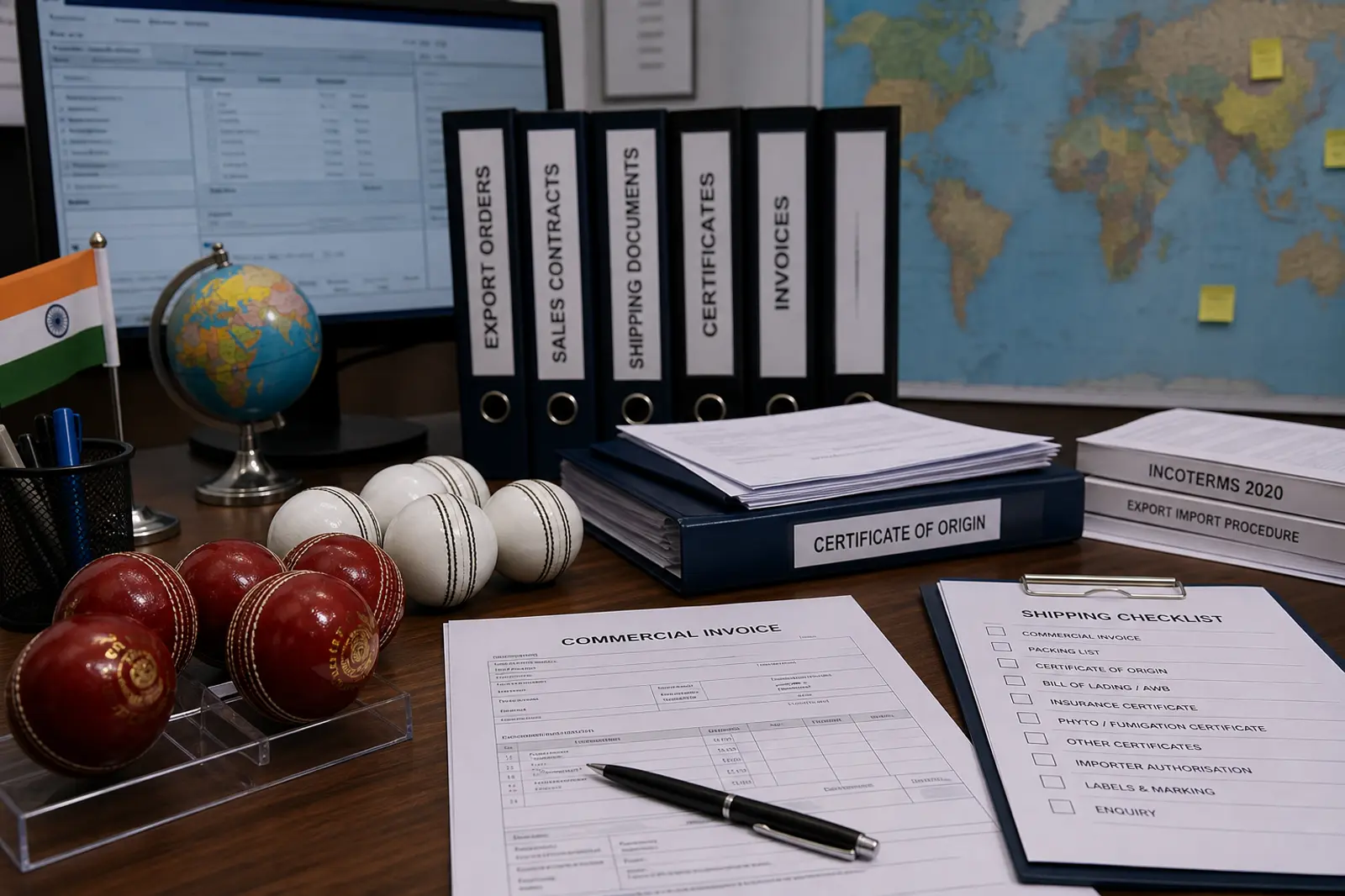 Export documentation desk with cricket ball samples, commercial invoice, and certificate of origin for India shipment