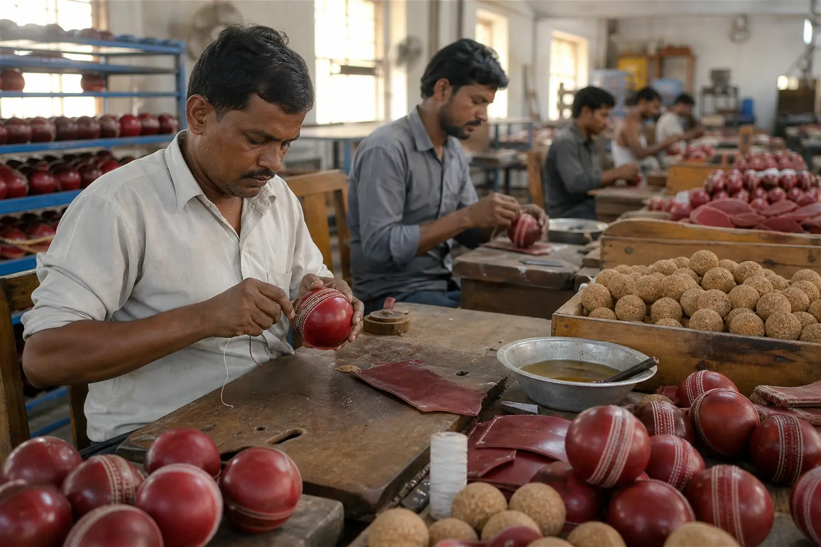 Workers hand-stitching leather cricket balls on workbenches in a Meerut sports goods factory
