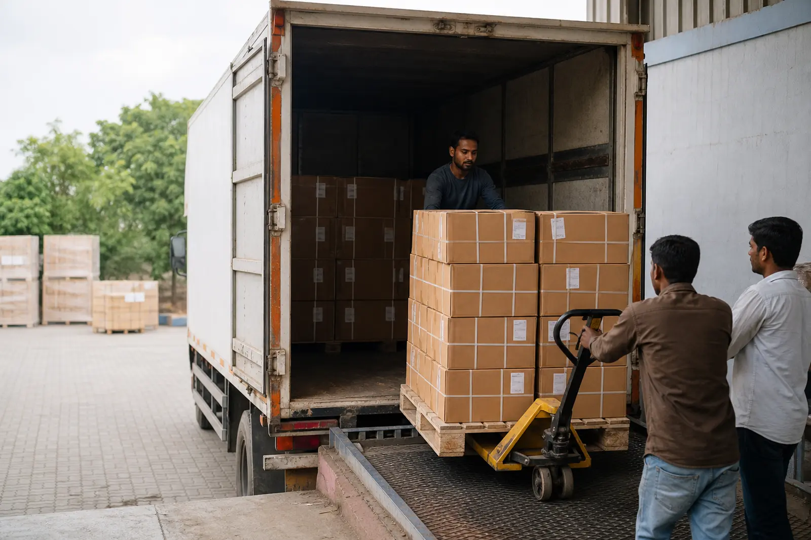 Workers loading palletized cartons of Indian cricket balls onto a truck at an export warehouse dock