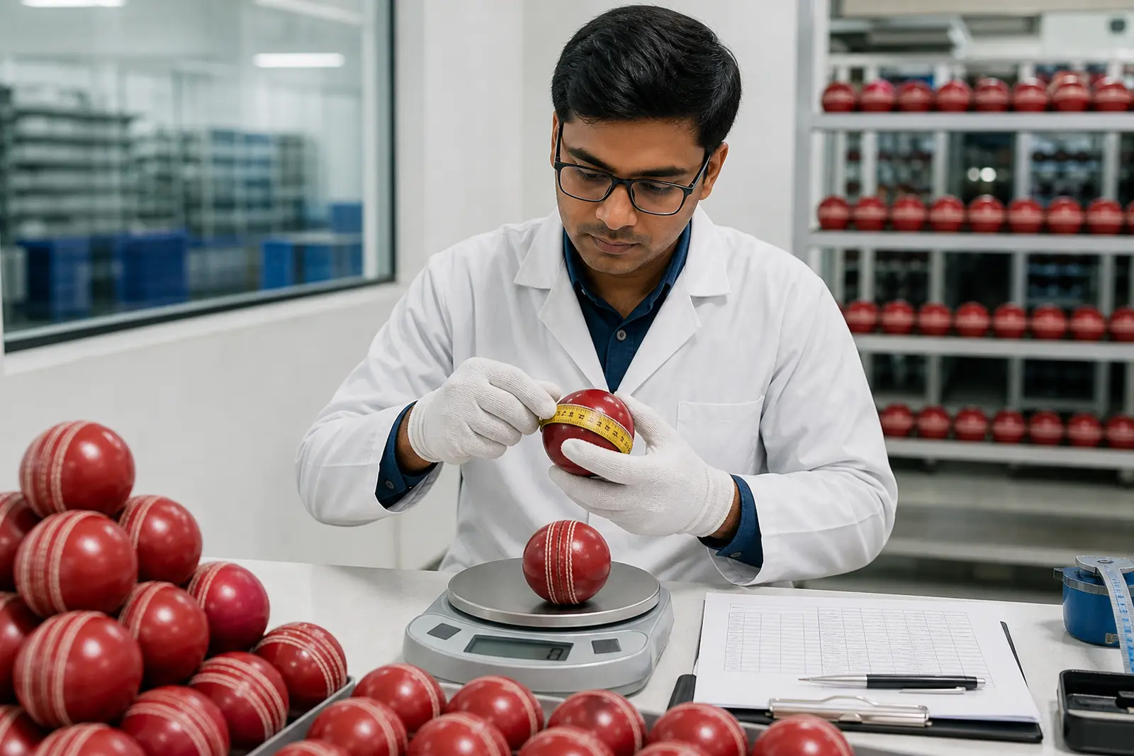 Quality inspector weighing and measuring cricket ball circumference for MCC Law 5 export QC release