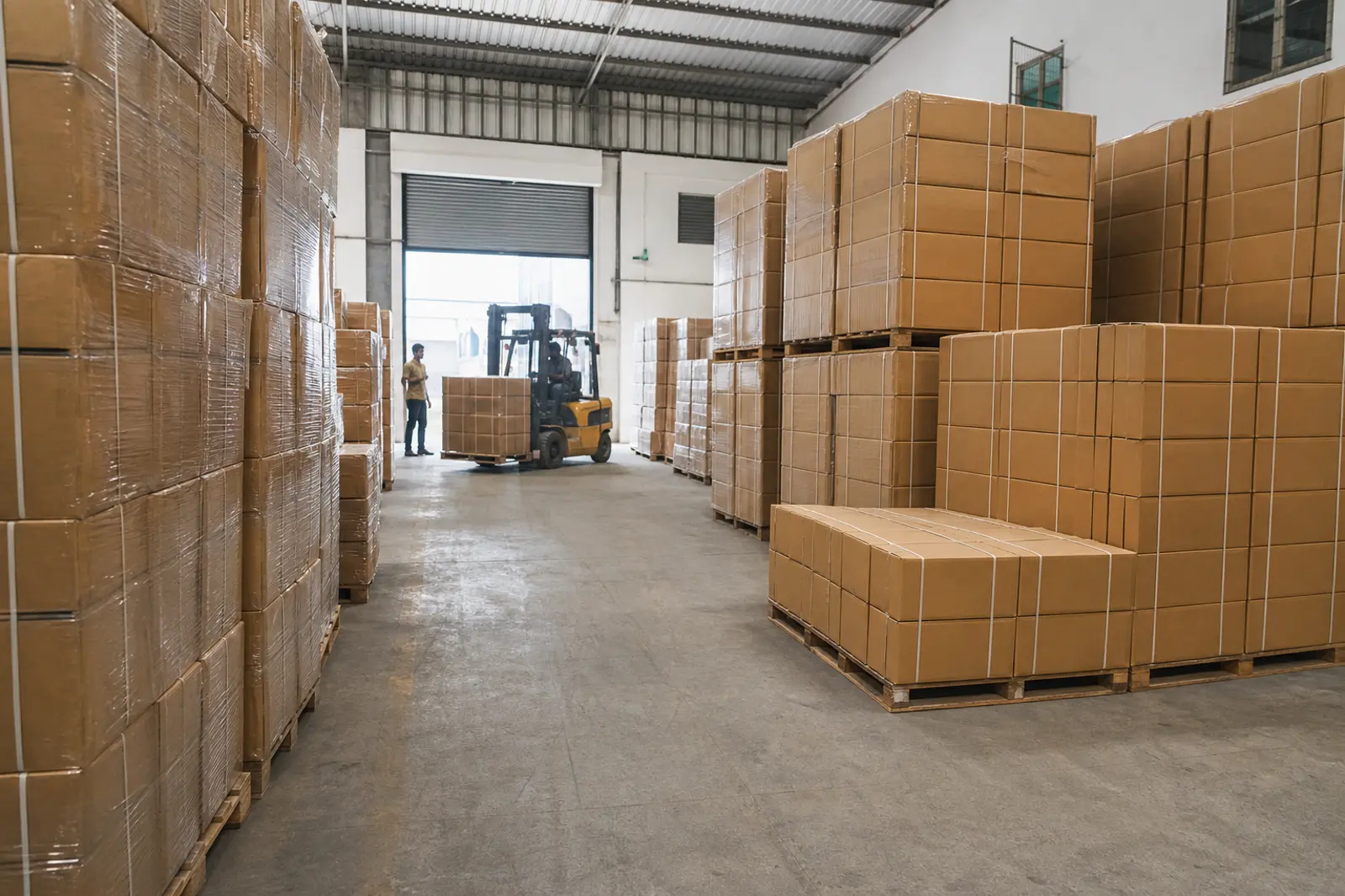 Palletized cartons of Indian export cricket balls staged in a dry sports goods warehouse