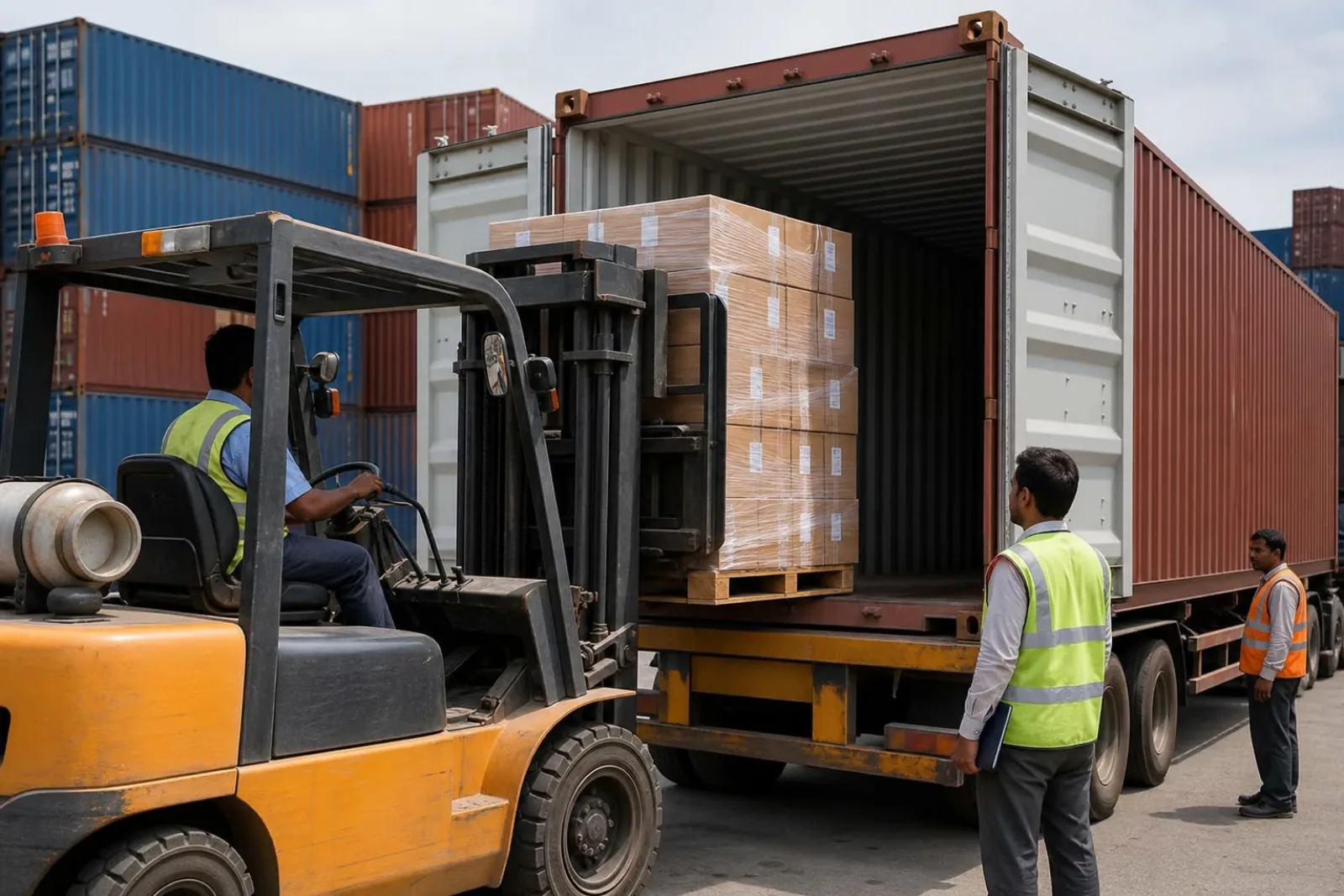 Forklift stuffing palletized cartons of Indian cricket protective gear into a shipping container for FCL export