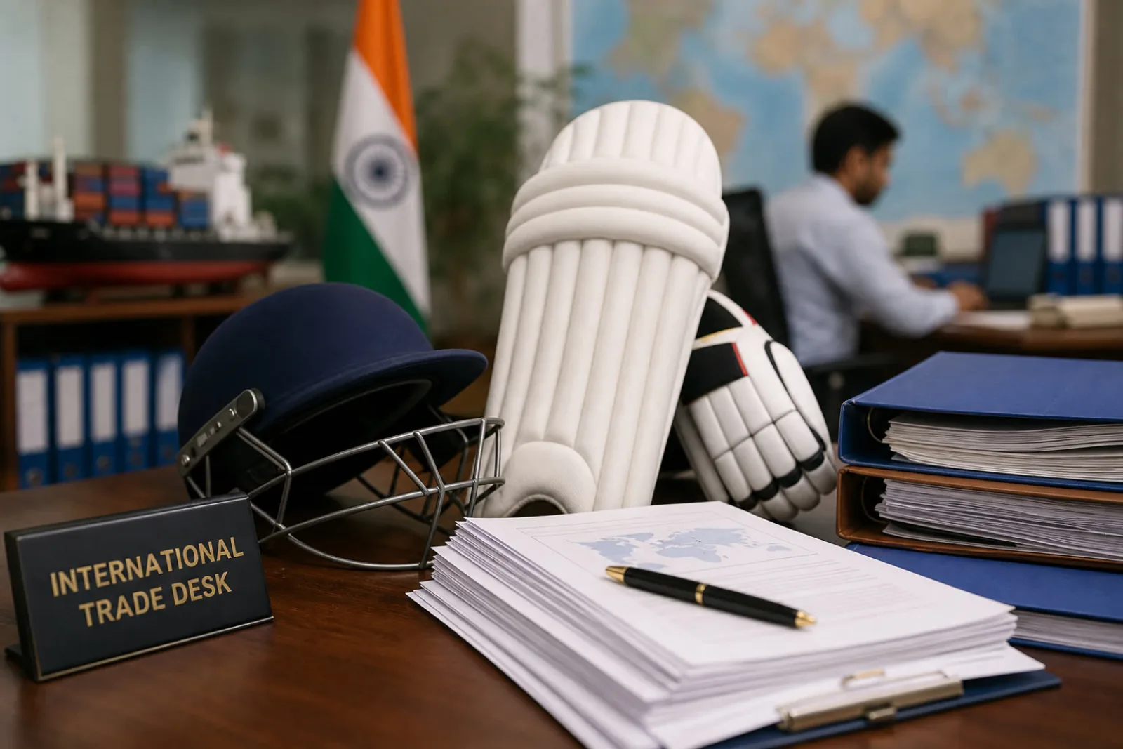Export documentation desk with cricket batting pad and helmet samples beside commercial invoice folders for India shipment