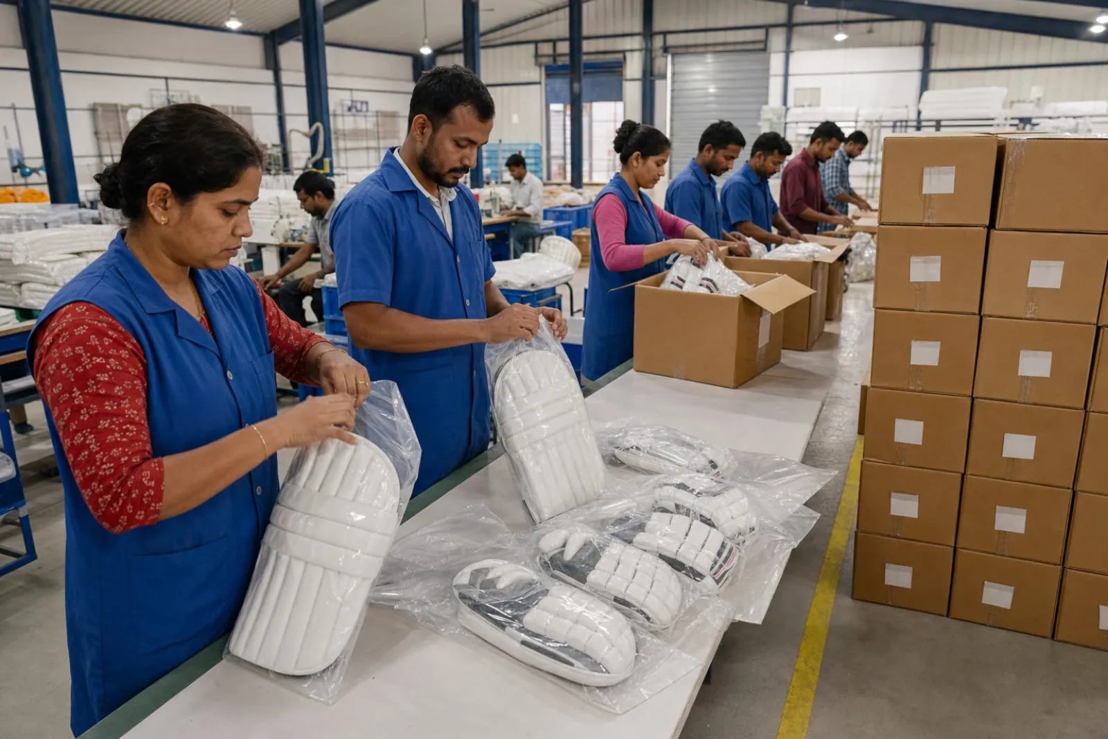 Workers packing Indian cricket batting pads and gloves into poly bags and corrugated master cartons for export