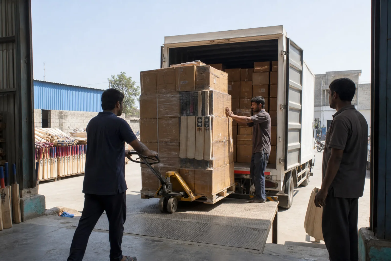 Workers loading palletized cartons of Indian cricket protective gear onto a truck at an export warehouse dock