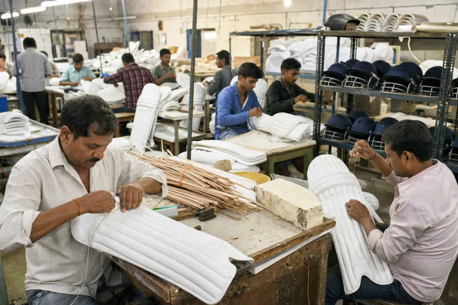 Workers assembling white cricket batting pads and helmet shells on workbenches in a Meerut sports goods factory
