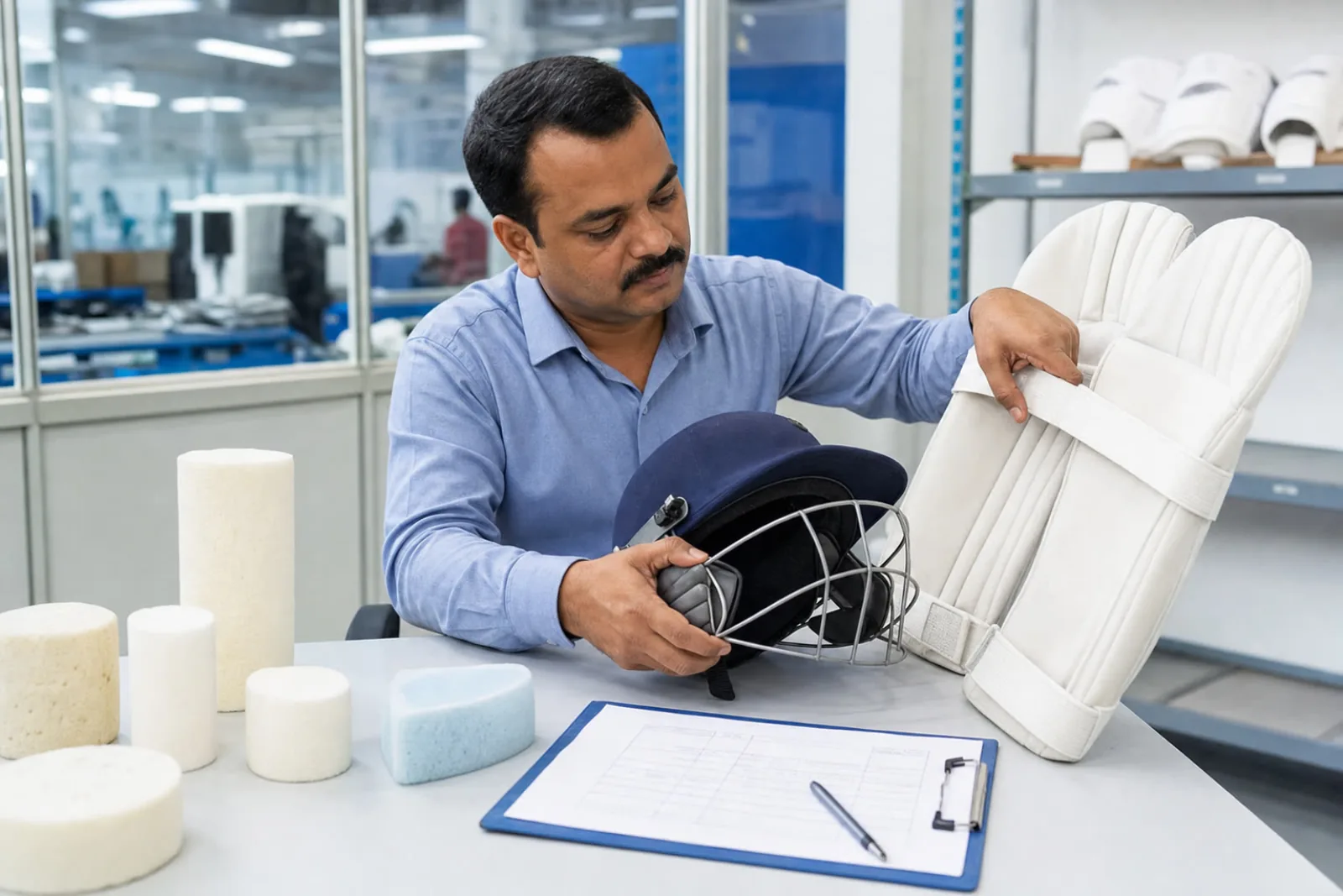 Quality inspector testing cricket helmet steel grille fixation and batting pad strap fit at an export QC station