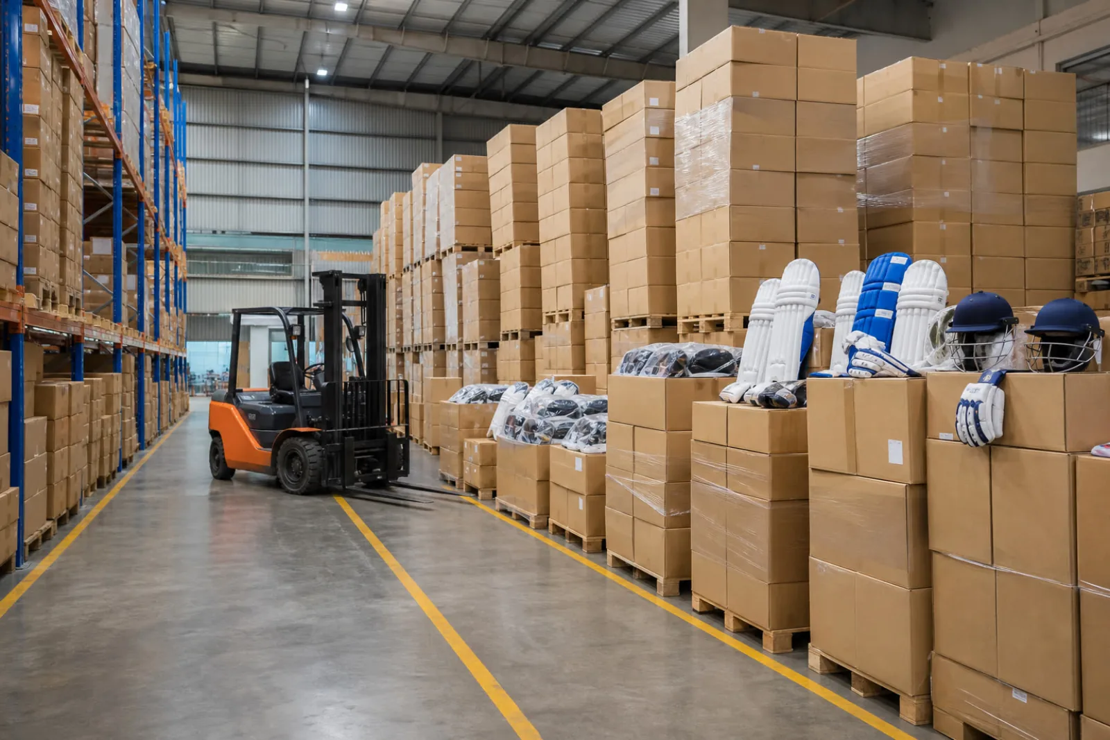 Palletized cartons of Indian export cricket protective gear staged in a dry sports goods warehouse