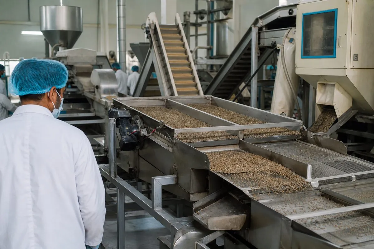 Workers monitoring a stainless steel cumin seed cleaning and sieving line in an Indian Unjha-style spice processing plant