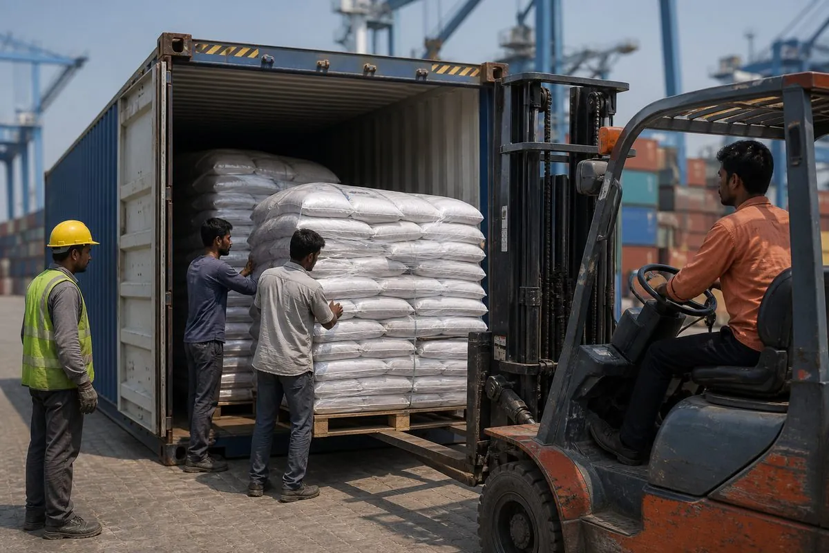 Workers stuffing a 20-foot shipping container with palletised cumin seed bags at an Indian export port