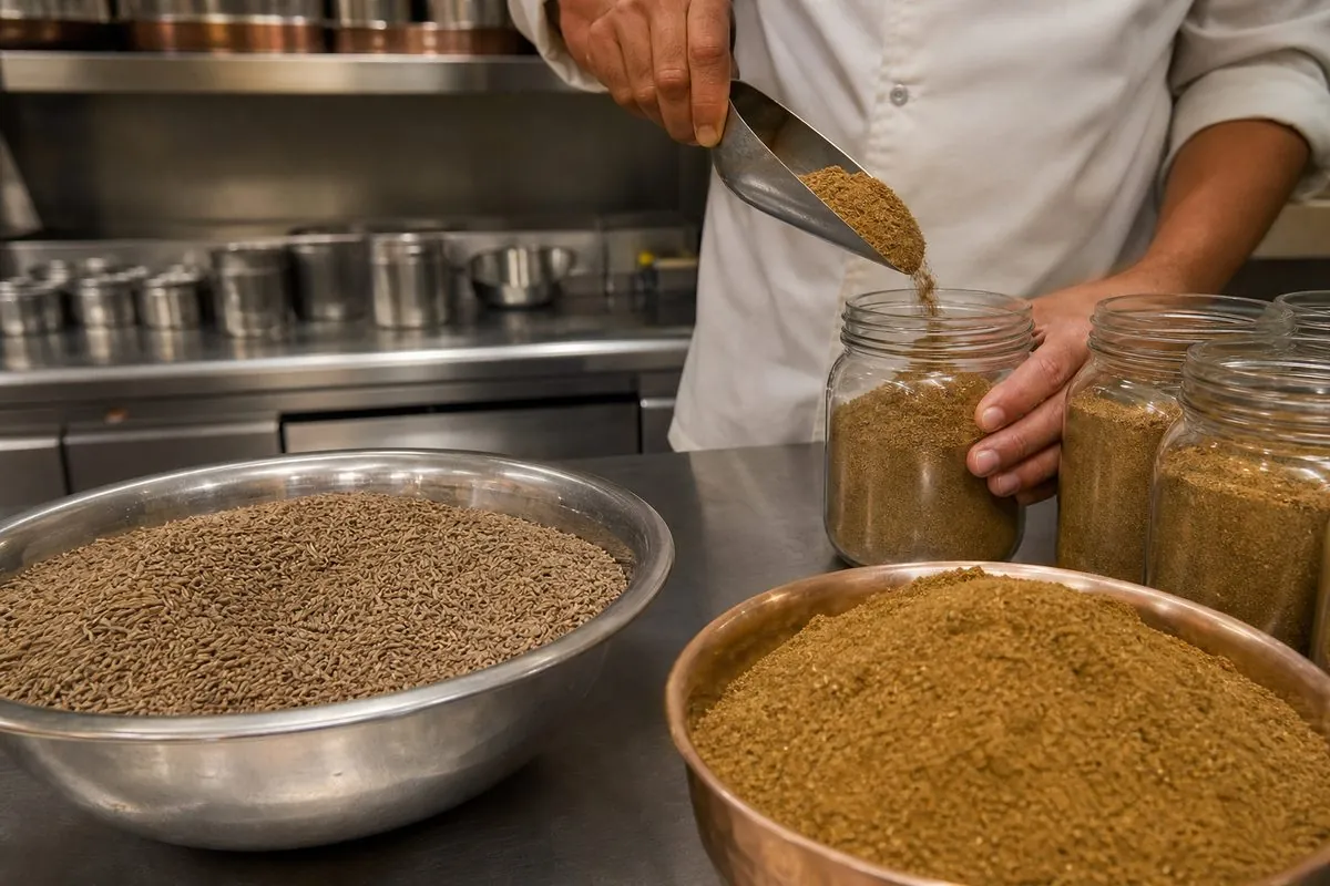 Whole cumin seeds and freshly ground cumin powder on a commercial kitchen workbench for spice-house and food-service use