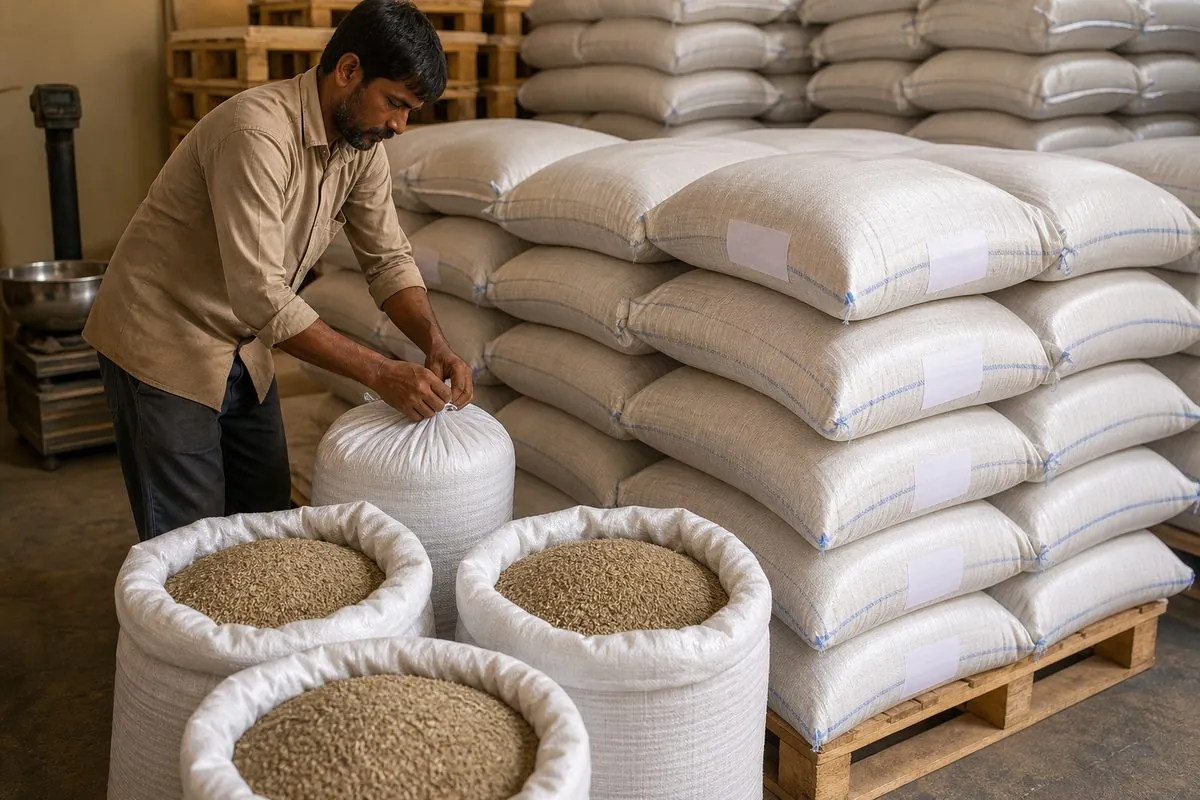 Palletised 25 kg food-grade white PP bags of cumin seeds stacked for ocean export from an Indian spice warehouse
