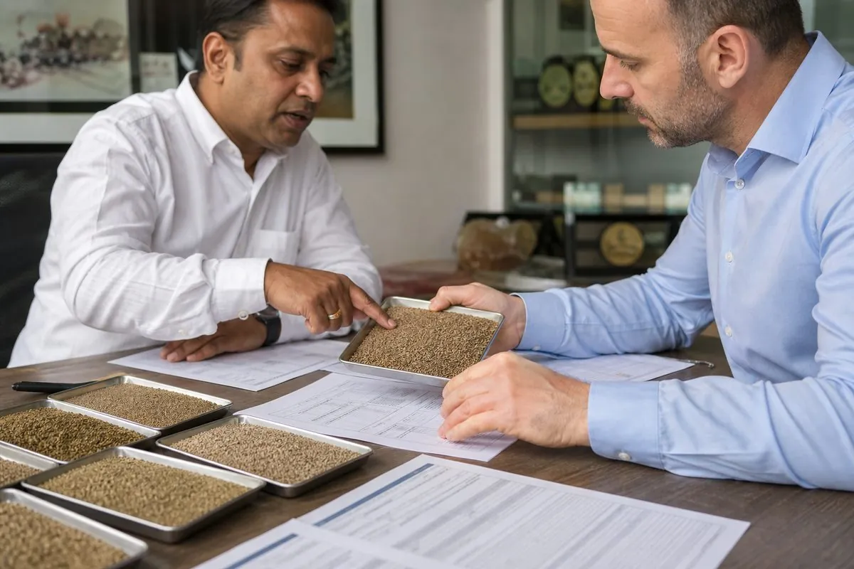 International buyer and Indian merchant exporter reviewing cumin seed samples and export specifications at a sourcing meeting