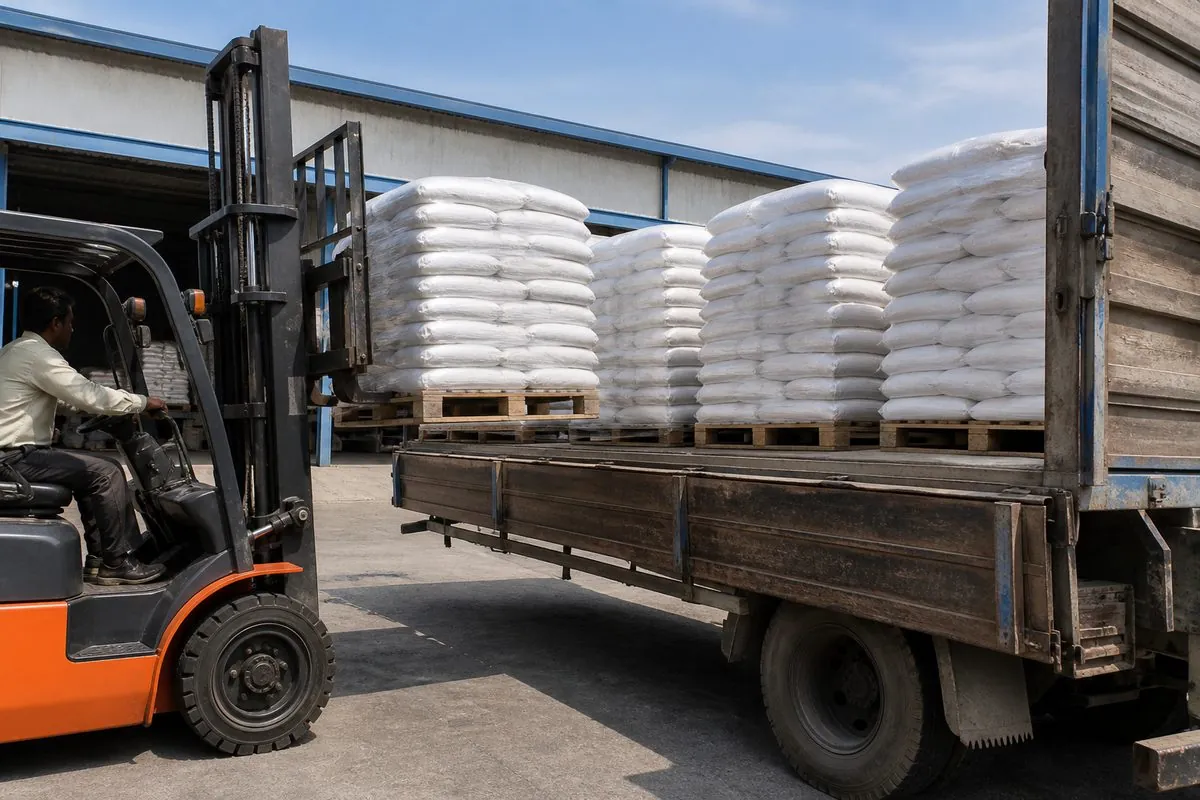 Forklift loading palletised cumin seed bags onto a truck at an Indian export warehouse dock for haulage to Mundra