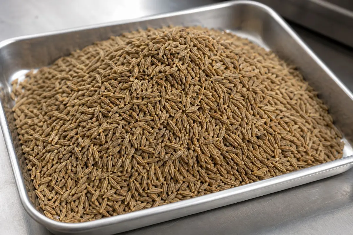 Close-up of Singapore bold whole cumin seeds (jeera) in a stainless steel export sample tray showing uniform elongated brown seeds