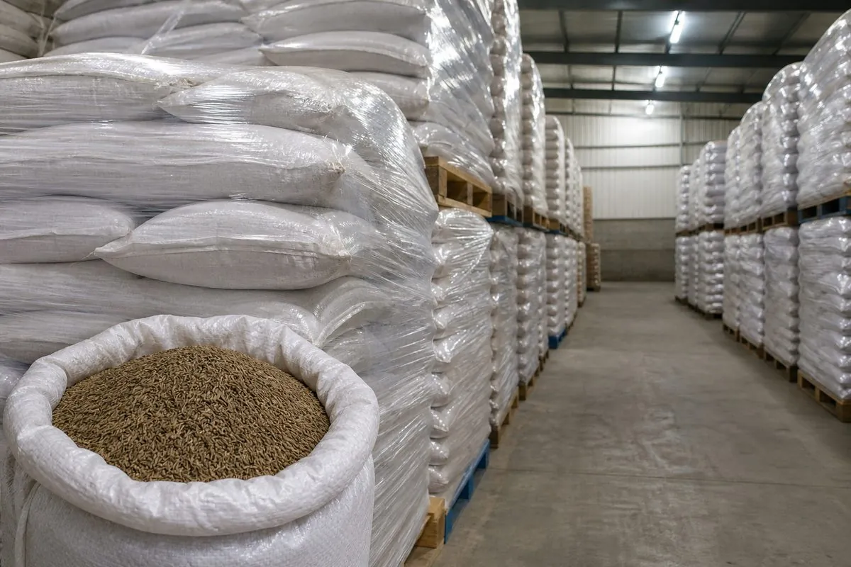 Dry Indian spice export warehouse aisle with stretch-wrapped pallets of cumin seed bags staged before port dispatch