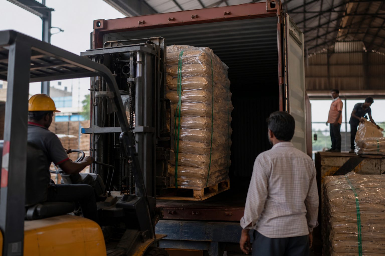 Shipping container being stuffed with palletized bags of dehydrated garlic for export