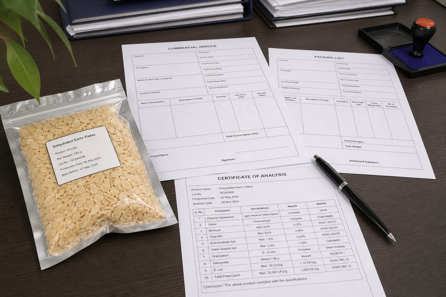 Export documents and sealed dehydrated garlic sample prepared for a commercial shipment
