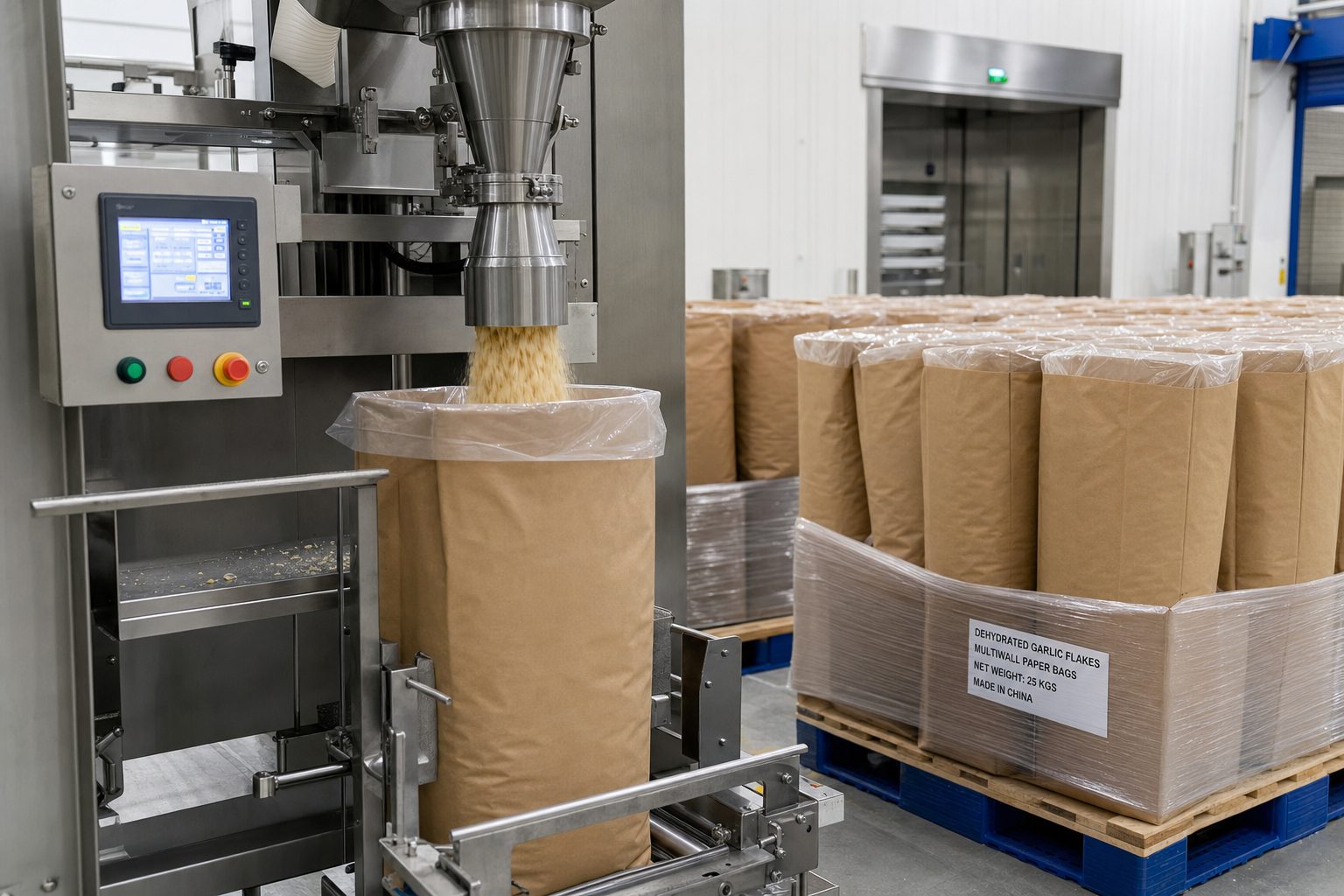 Kraft bags with PE liners being filled with dehydrated garlic flakes on a packaging line