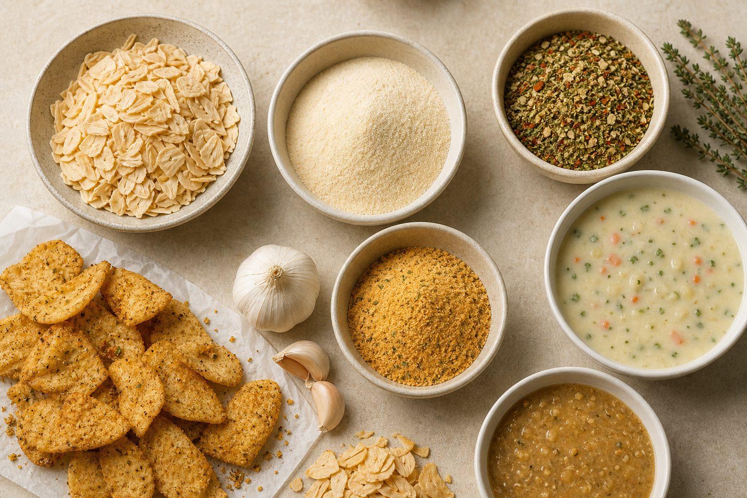 Dehydrated garlic flakes and powder used in soups seasonings snacks and sauces