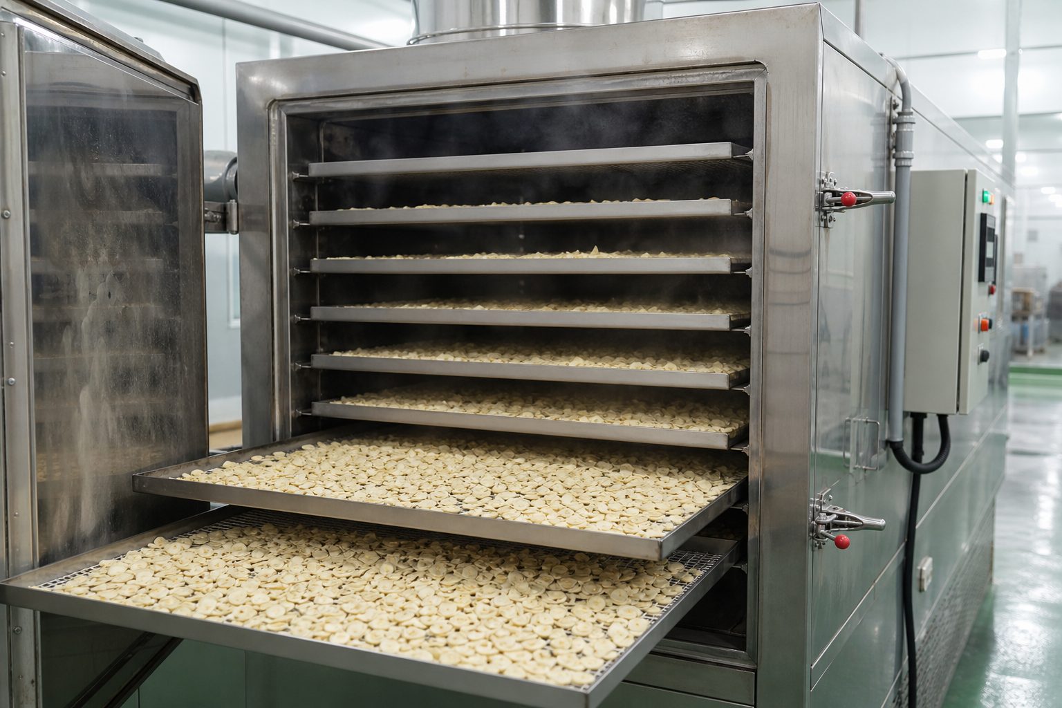 Hot-air dehydration tunnel for garlic slices