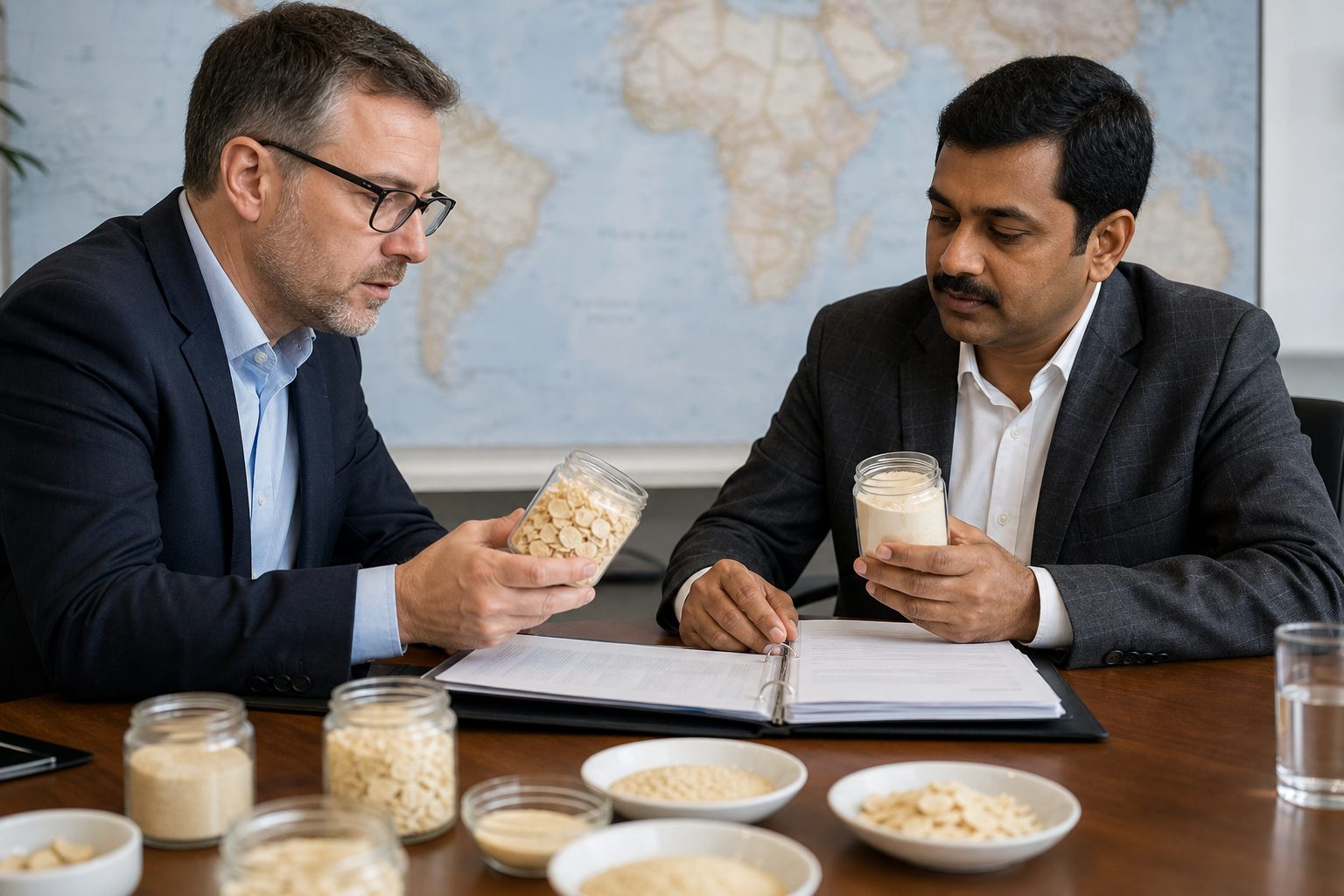 International buyers reviewing dehydrated garlic samples during a B2B trade discussion