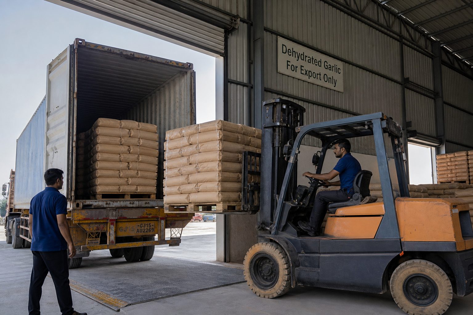 Forklift loading palletized dehydrated garlic bags onto a truck for port delivery