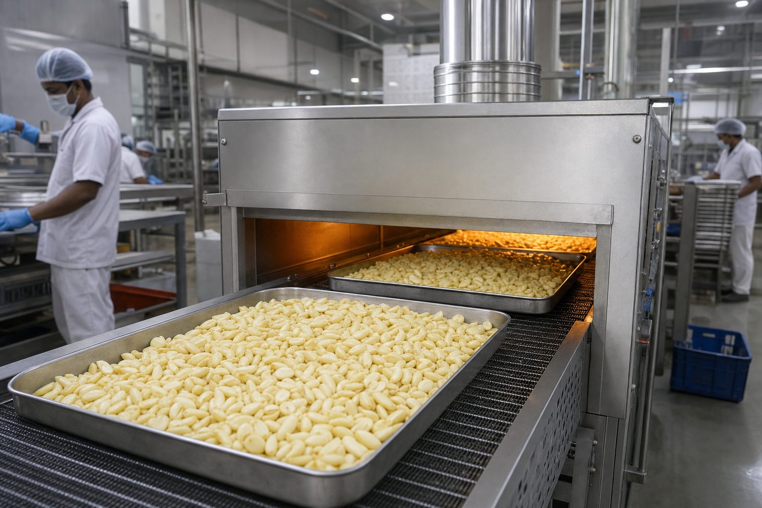 Workers preparing peeled garlic cloves on stainless trays in an Indian dehydration plant