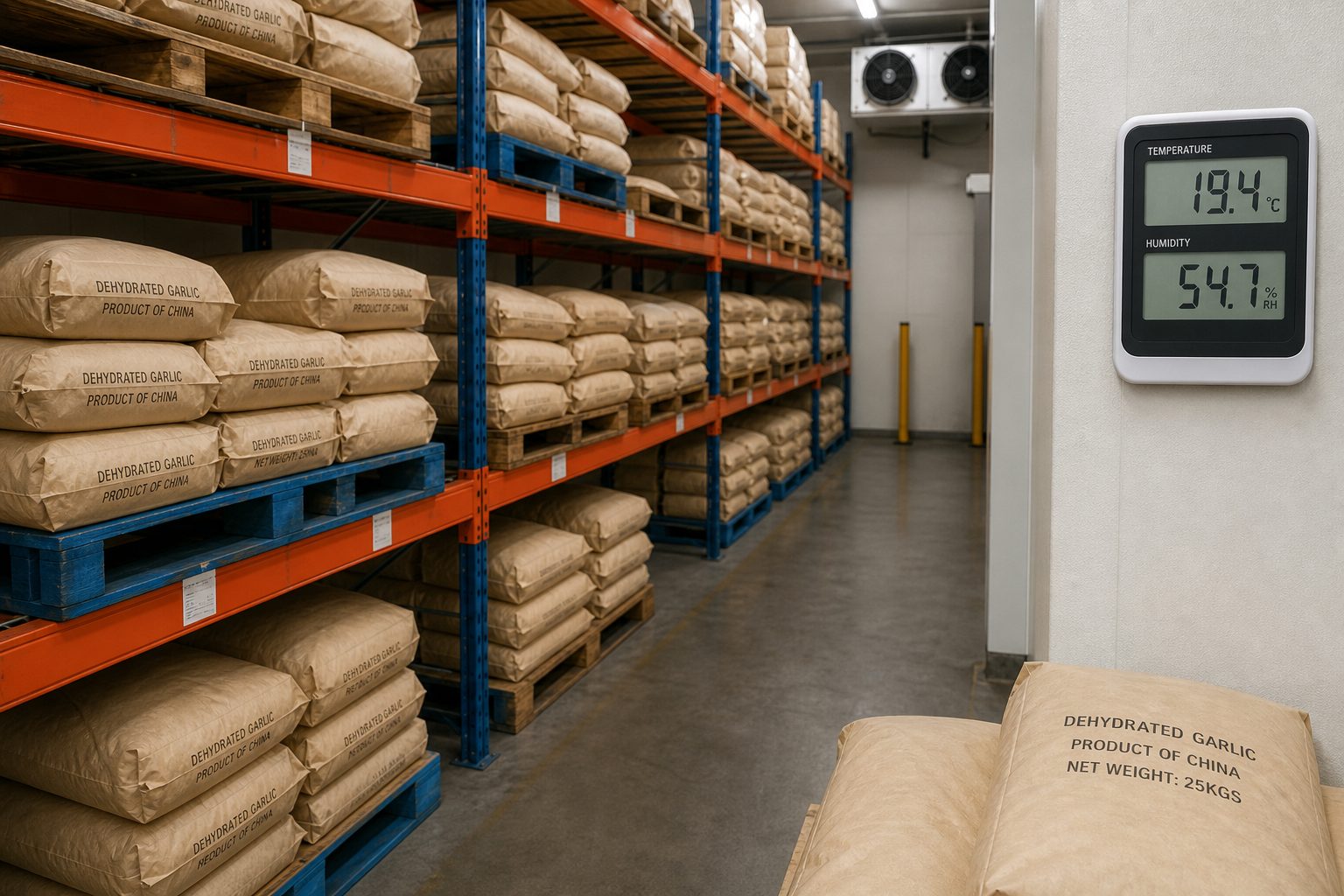 Palletized dehydrated garlic bags stored in a climate-controlled export warehouse