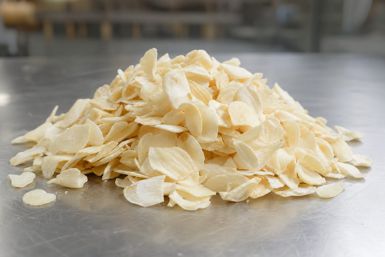 Export-grade dehydrated garlic flakes and powder prepared for buyer sampling