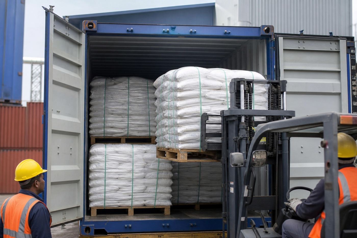 Shipping container being stuffed with palletized bags of dehydrated onion for export