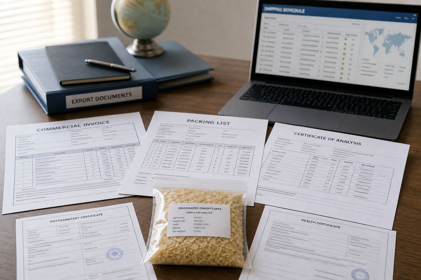 Export documents and sealed dehydrated onion sample prepared for a commercial shipment