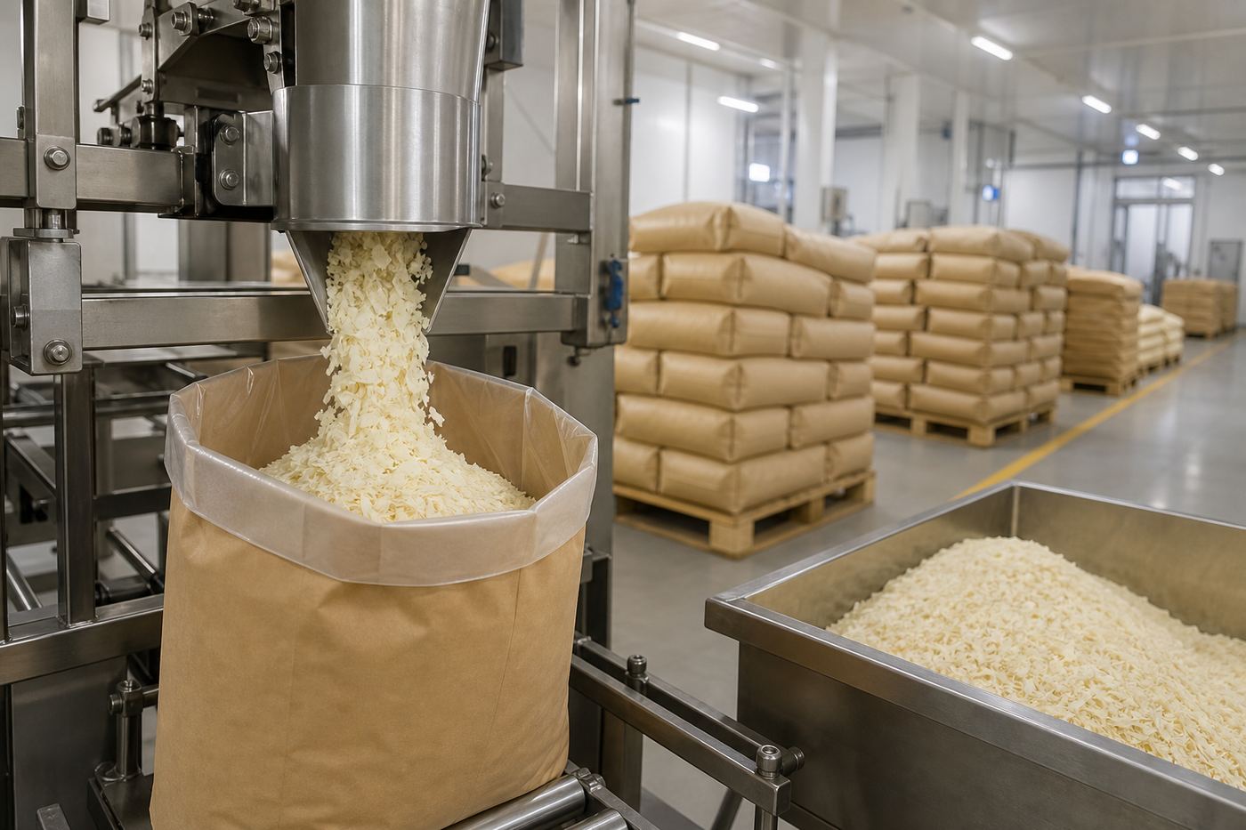 Bulk dehydrated onion packed in kraft/PE-lined bags ready for container loading