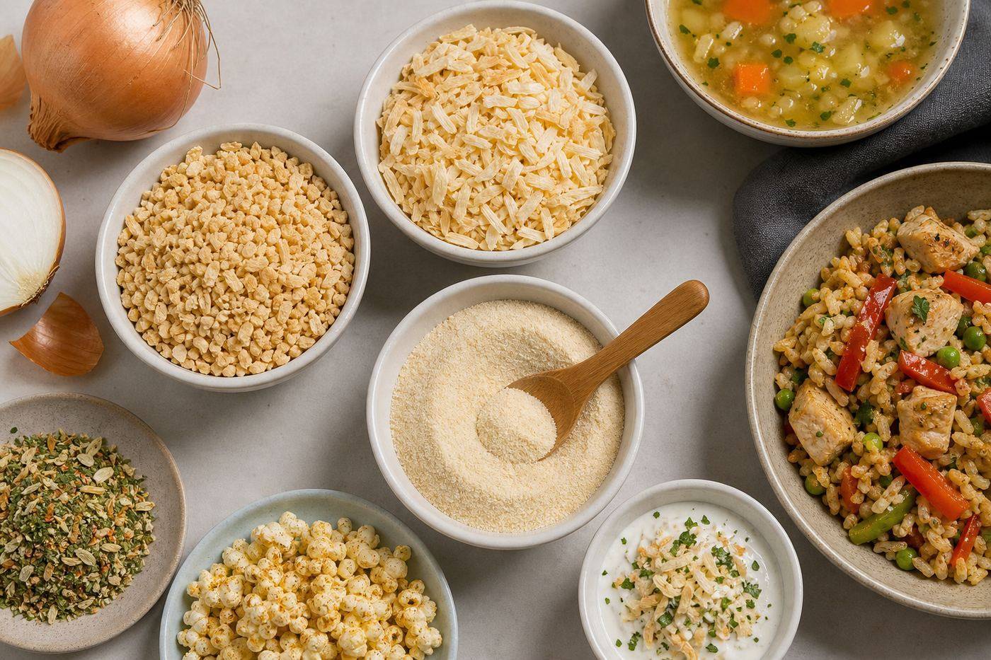 Dehydrated onion flakes powder and kibbled onion used in soups seasonings and ready meals