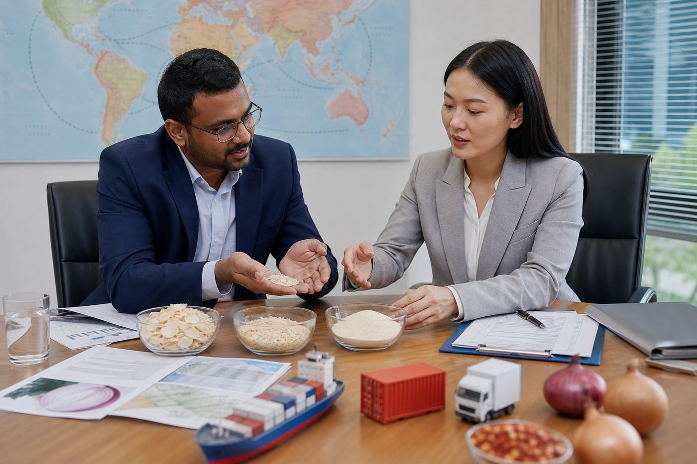 International buyers reviewing dehydrated onion samples during a B2B trade discussion