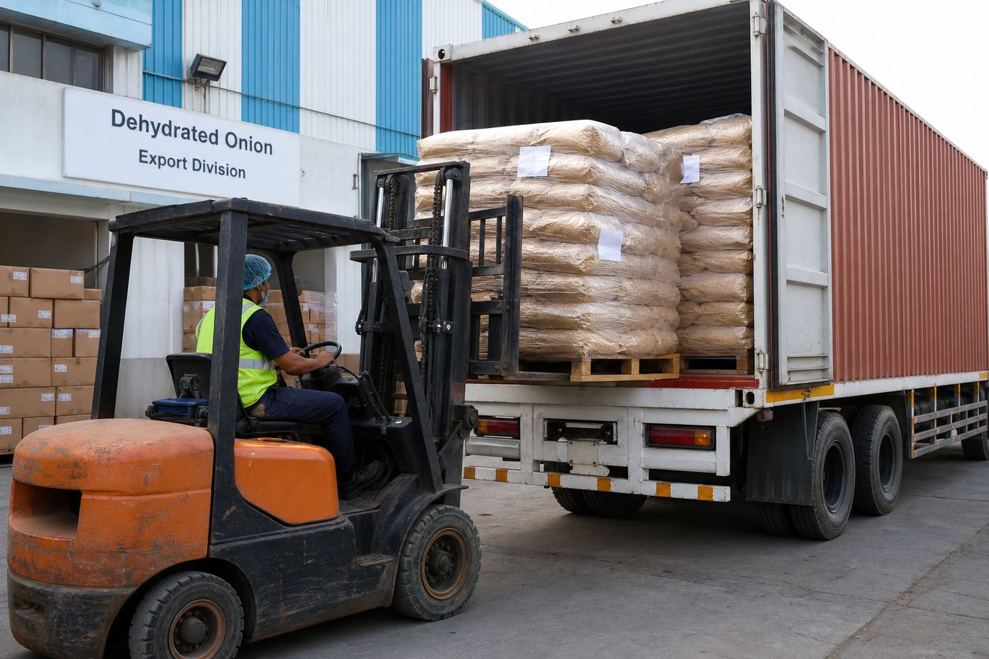 Forklift loading palletized dehydrated onion bags onto a truck for port delivery